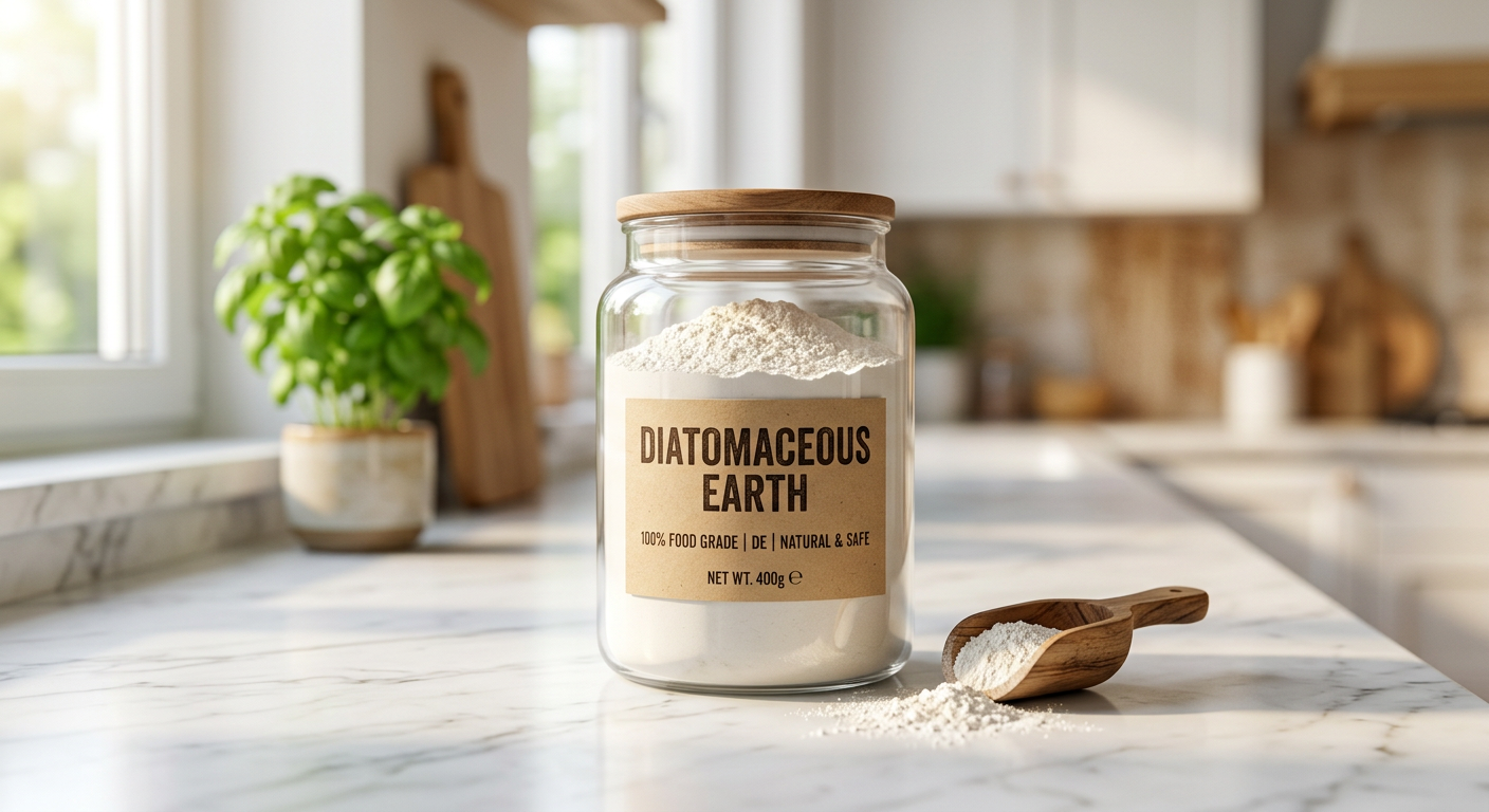 jar of diatomaceous earth on kitchen counter