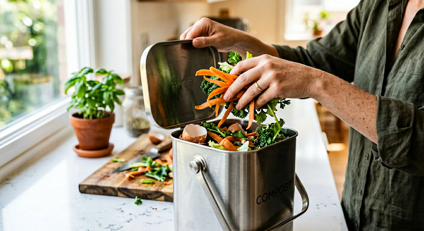Person placing vegetable scraps into a countertop compost bin to practice sustainable living habits at home