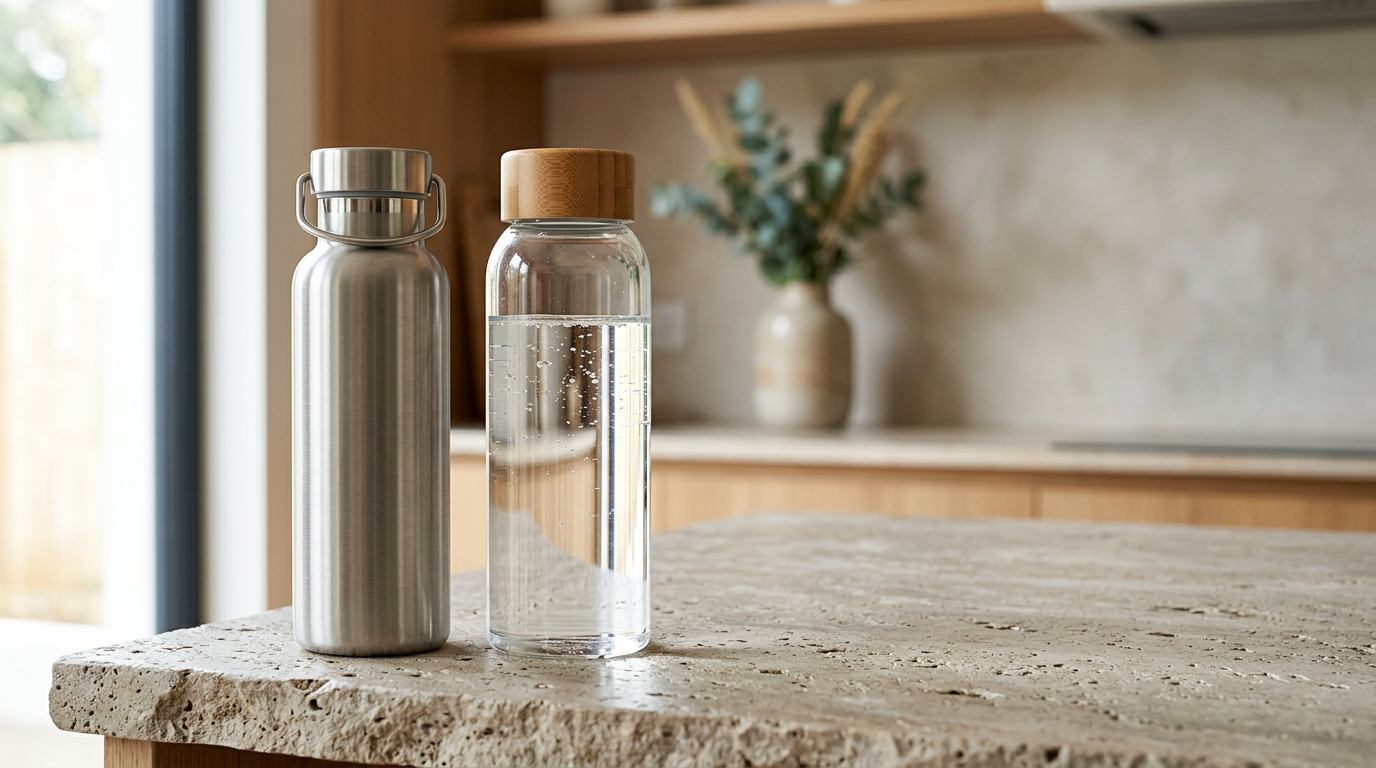 eco friendly water bottle options in stainless steel and glass with non-toxic materials and no plastic in the water pathway