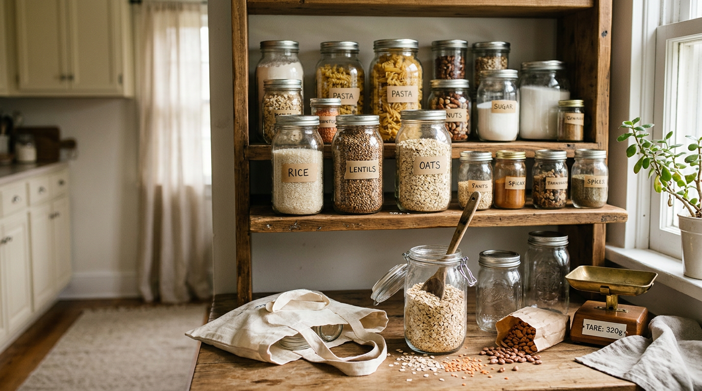 zero waste kitchen storage using glass jars and bulk shopping