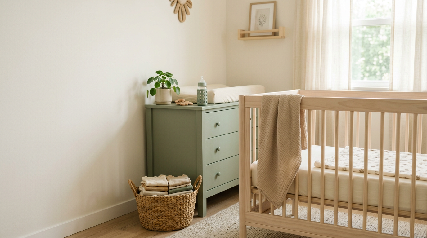 eco friendly baby products in a natural non-toxic nursery with organic cotton and sustainable materials