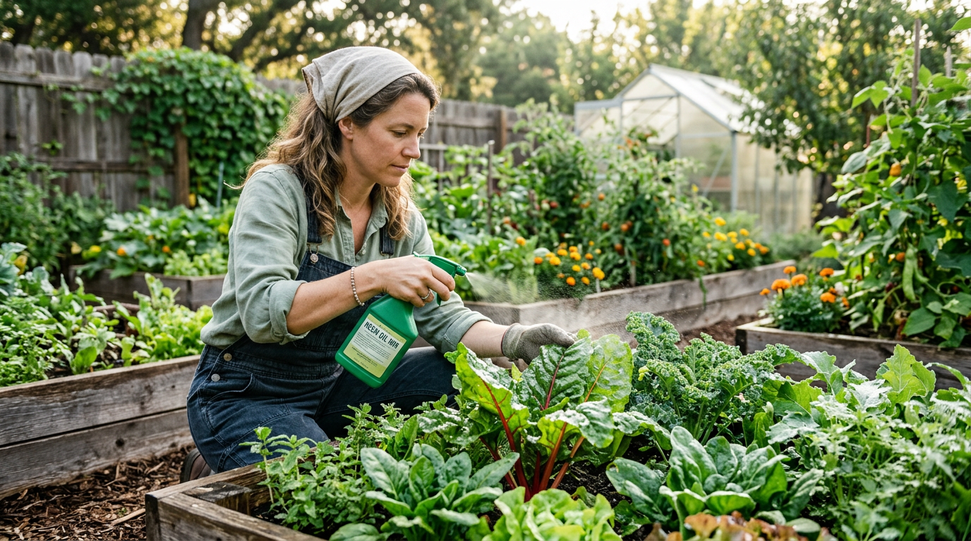 A person spraying diluted neem oil concentrate on garden plants in the early morning to control pests organically without harming pollinators.
