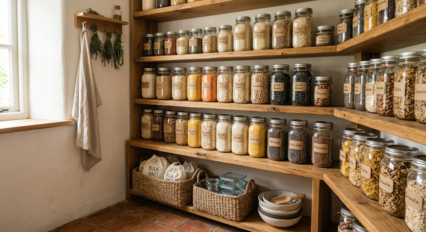 Reusable glass jars and silicone bags arranged in a kitchen for zero waste living and an eco-friendly lifestyle