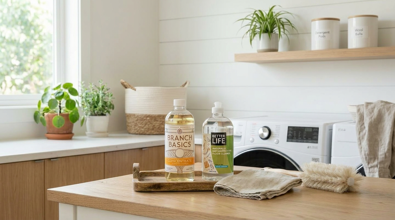 Eco friendly cleaning products arranged on a clean kitchen counter
