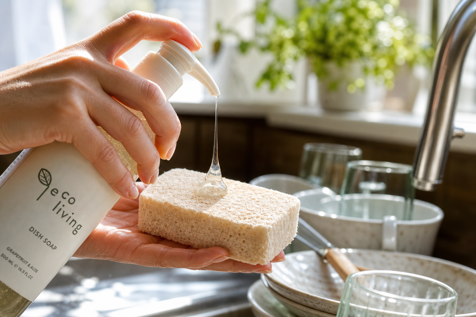 A hand dispensing a small amount of clear dish soap onto a natural fiber sponge over a kitchen sink full of dishes