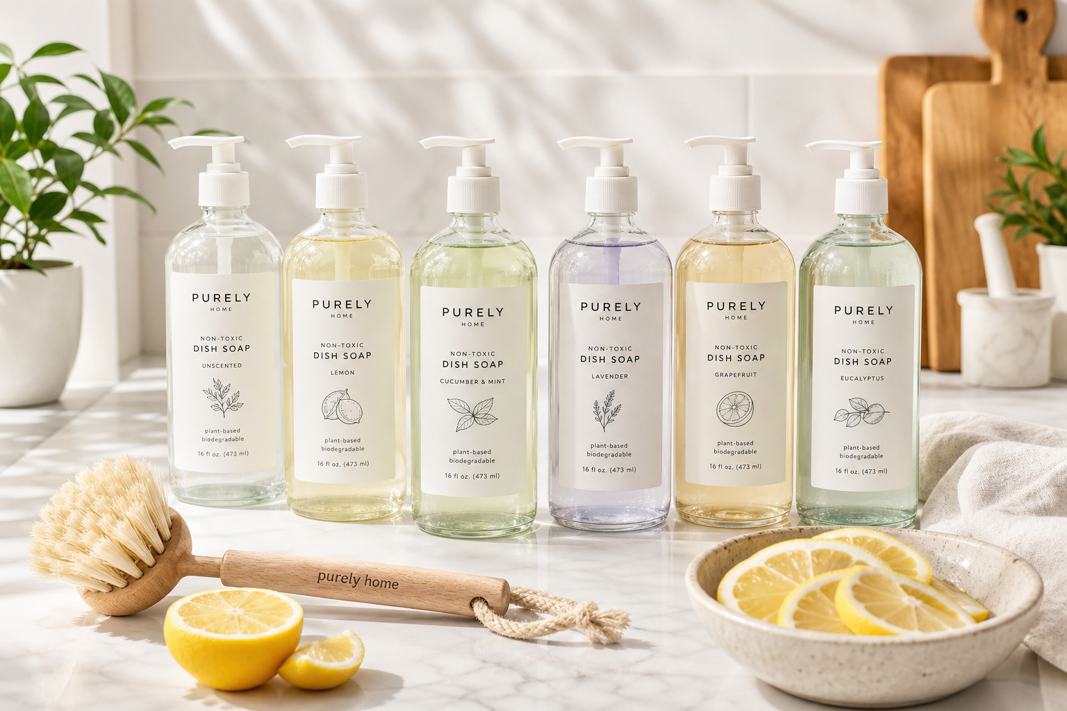 Six non-toxic dish soap bottles arranged on a white marble countertop with a wooden dish brush and fresh lemon slices