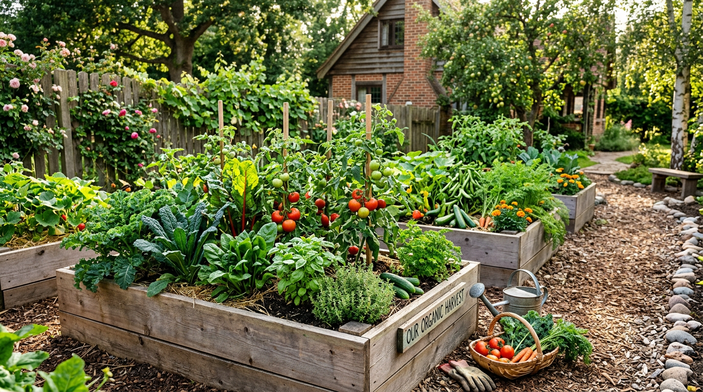 organic garden with raised beds growing vegetables without chemicals