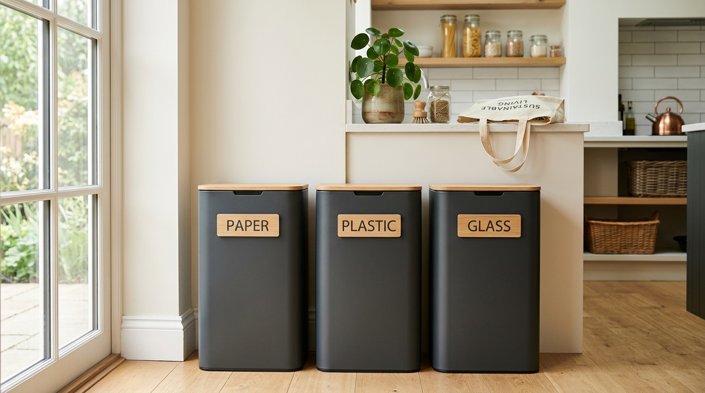 home recycling system with labeled bins for recycling correctly at home