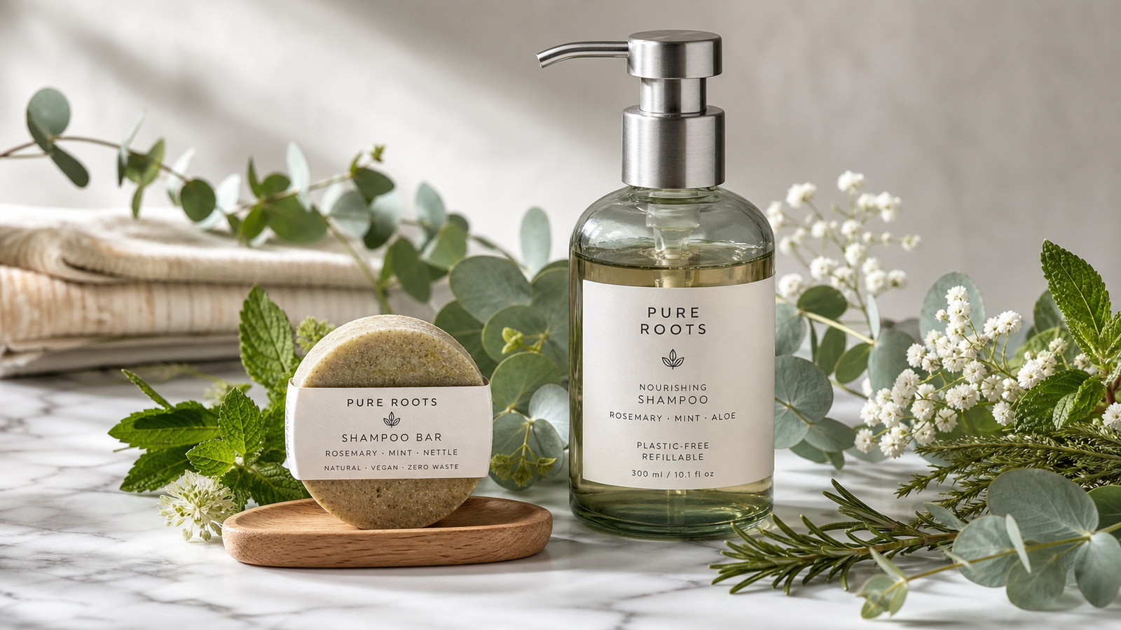 eco friendly shampoo bar and plastic-free refillable bottle with clean non-toxic ingredients for every hair type
