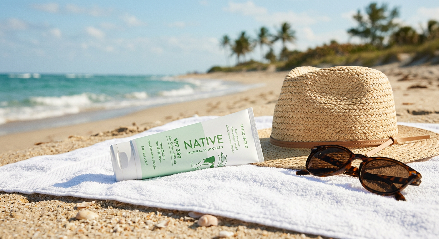 Native mineral sunscreen  on a white towel next to a beach hat and sunglasses on a bright summer day