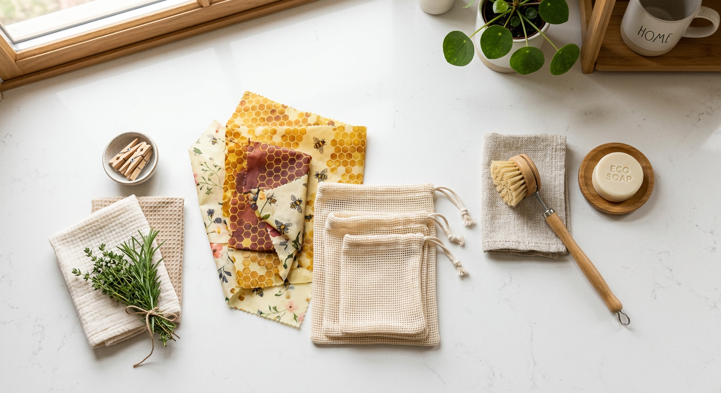 A flat lay of zero waste home swaps including beeswax wrap, reusable bags, and a bamboo dish brush on a white kitchen counter