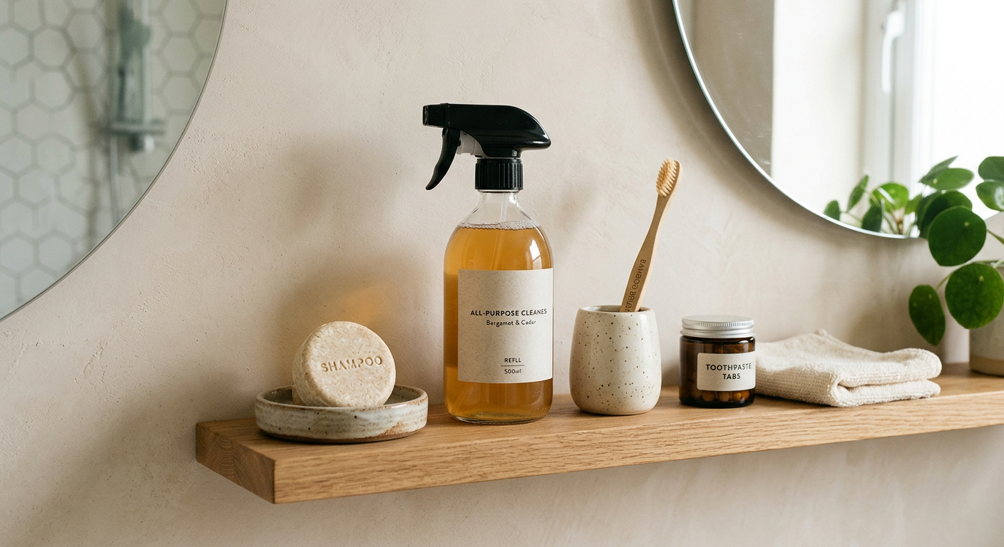 A bathroom shelf showing zero waste swaps including a shampoo bar, refillable cleaner bottle, and bamboo toothbrush